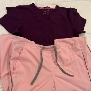 Pair of Medium Heartsoul top and XS Natural Uniform bottom scrubs